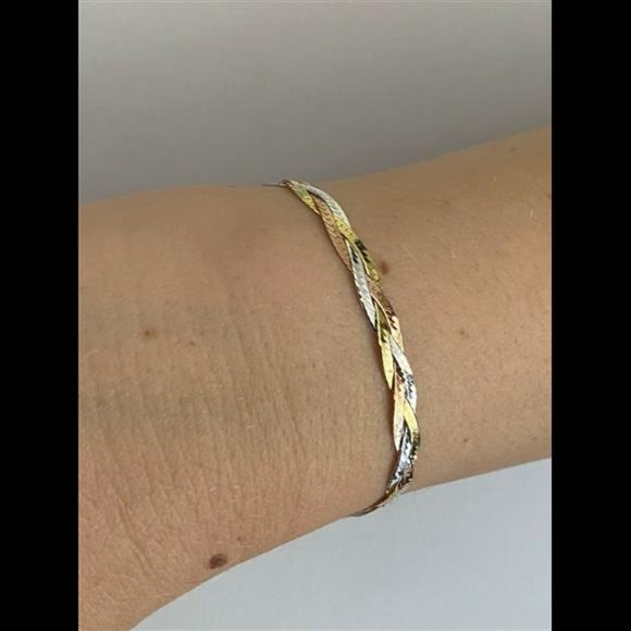 Solid 925 Silver Tri Color Yellow Rose Gold Twisted Braided Herringbone Bracelet - Picture 7 of 9